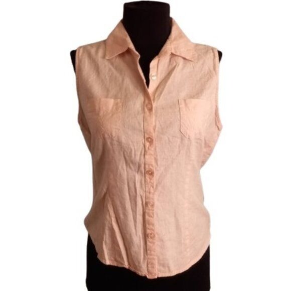 Calvin Klein Jeans Size Small Top Sleeveless Peach Button Up Blouse Linen Blend - Picture 1 of 9